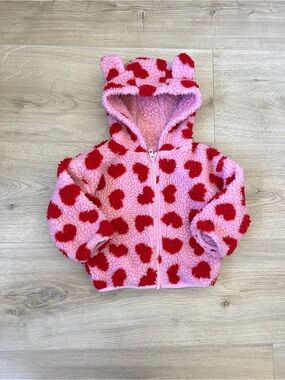 Cozy Pink & Red Heart Sherpa Hoodie Jacket for Kids